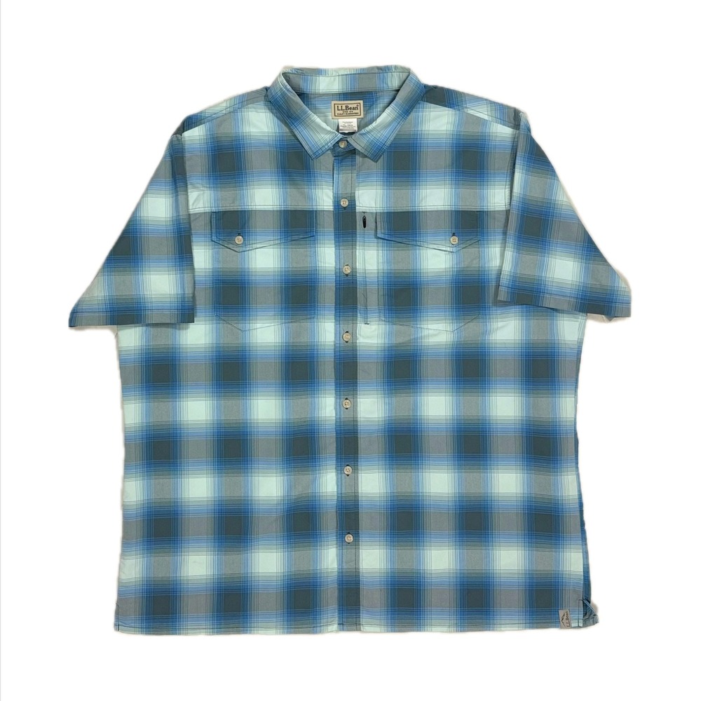 LL Bean SunSmart Cool Weave light blue plaid short sleeve button up shirt men XL